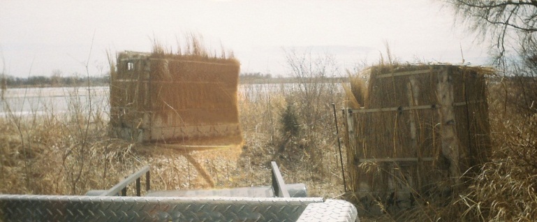 2 floating pontoon blinds hauled by truck and trailer to the KMS hunting site.